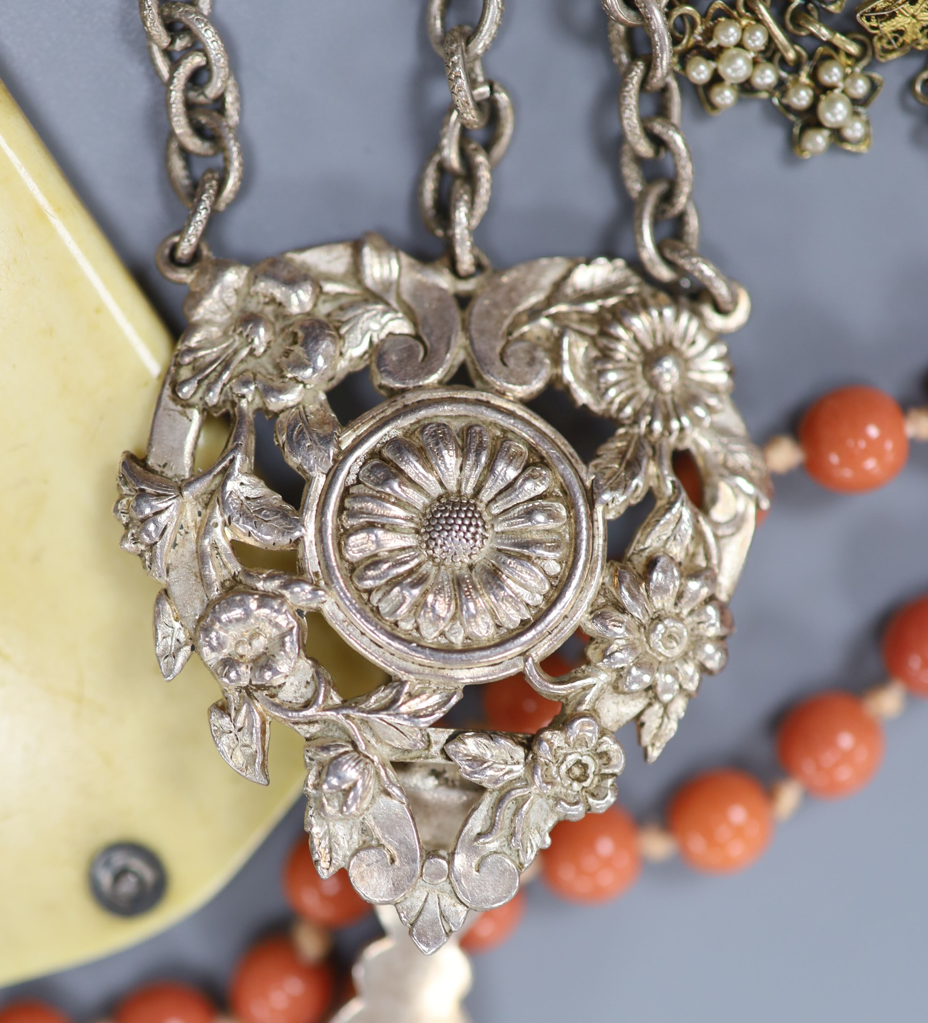 A late Victorian silver open face keyless pocket watch, by Sir John Bennett Ltd and a small quantity of mixed jewellery, including a Victorian silver locket, Scottish hardstone set cufflinks and a continental white metal